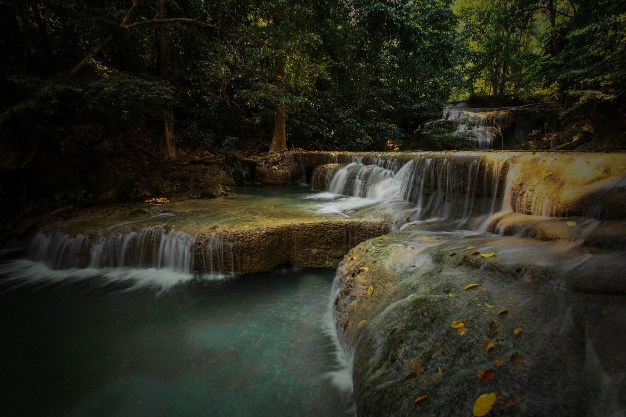 Waterfall cascading through a sunlit forest